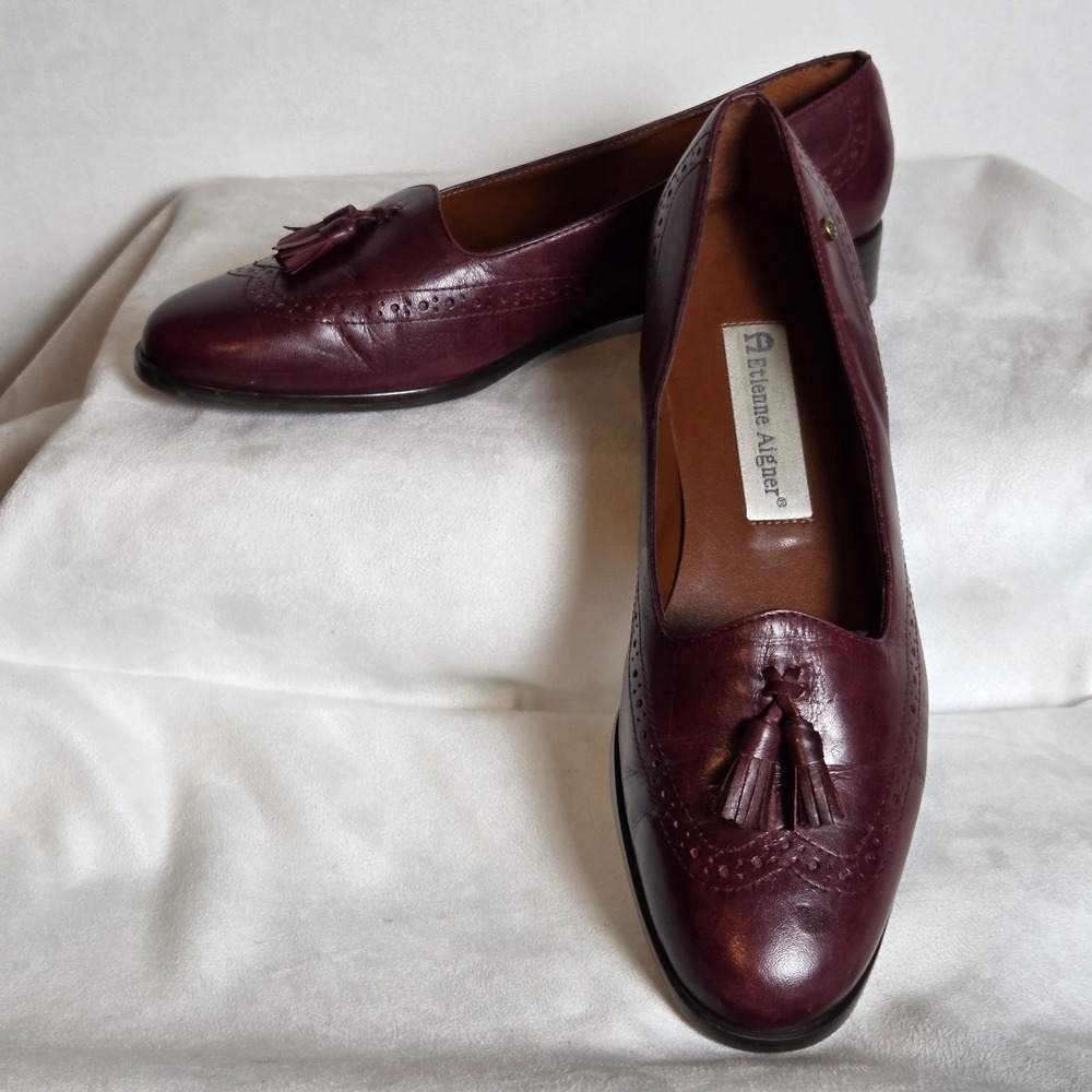 Etienne Aigner Canterbury Burgundy Leather Tassel Loafers Wingtip Brogue 7.5M - Picture 2 of 9